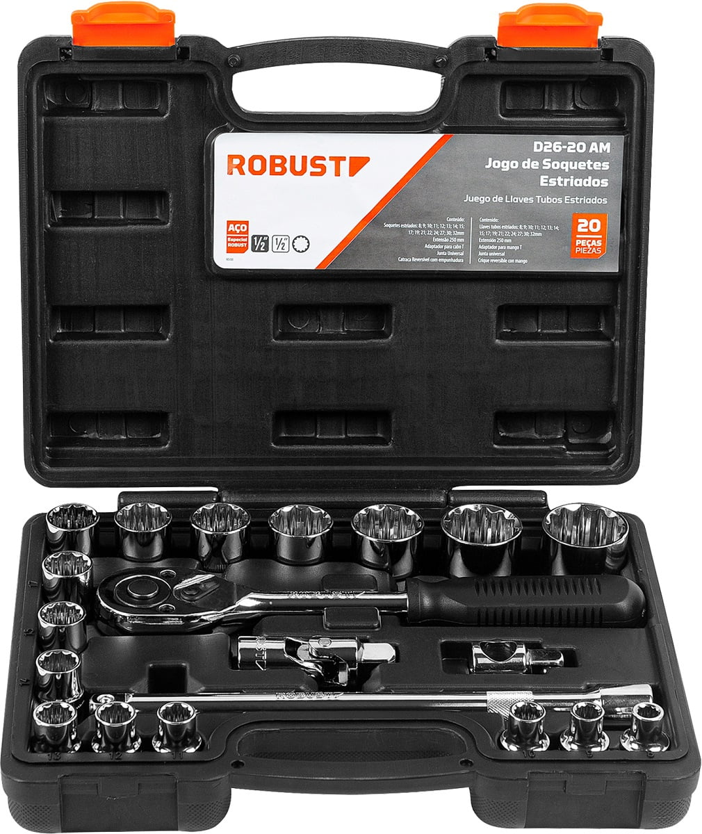 Jogo de soquetes estriados, encaixe 1/2" - 8,0 mm a 32,0 mm - ROBUST 