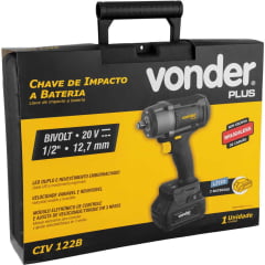 Chave de impacto, 2 baterias 20 V, encaixe de 1/2", fonte de carregamento bivolt - VONDER PLUS